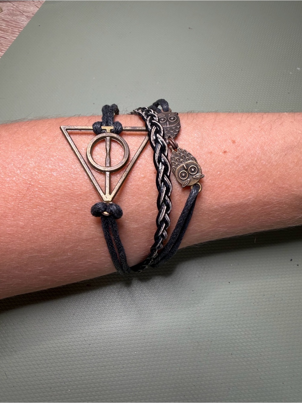 Black Leather Multi-Strand Owl & Geometric Charm Bracelet